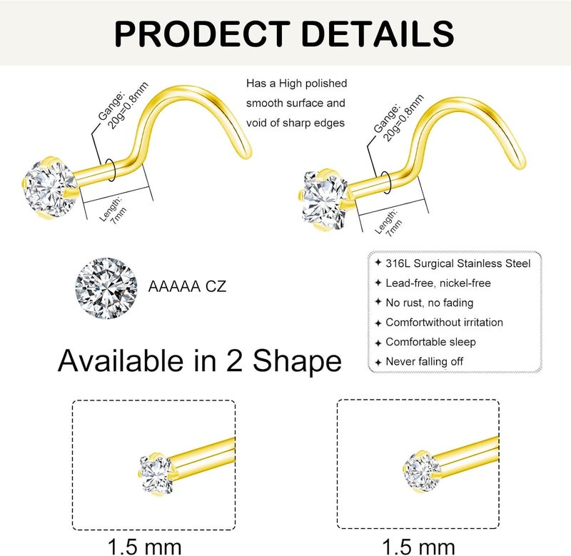 XoCiuKe 10Pcs 20G Nose Rings Studs for Women Corkscrew Sliver Nose Studs Hypoallergenic Nose Rings 316L Surgical Stainless Steel Nose Nostril Percing Jewely for Women Men Round Square CZ Imitation Diamond 1.5mm/2.0mm/2.5mm/3.0mm - Image 2